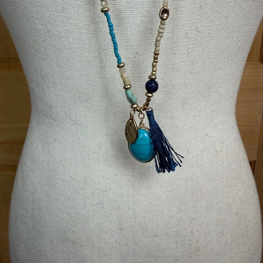 Chico's‎ Triple Strand Boho Layered Necklace Beaded with Tassels & Charms